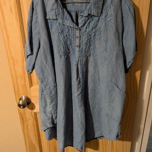 Light Blue Embroidered Linen-Blend Tunic with Pockets